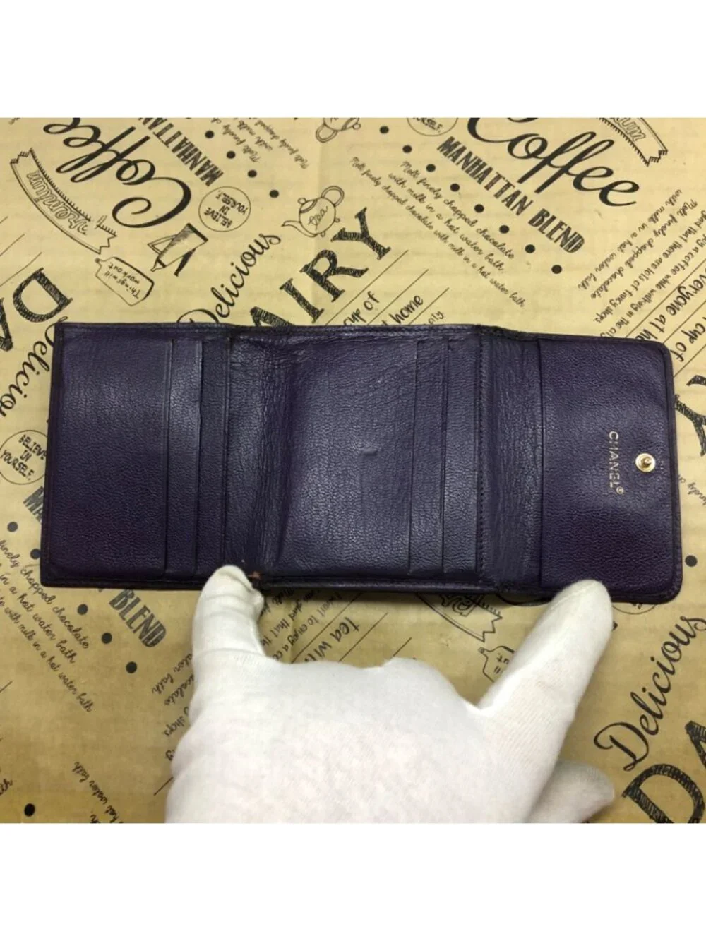 Chanel Trifold Wallet Compact CC Logo Lambskin Purple Card